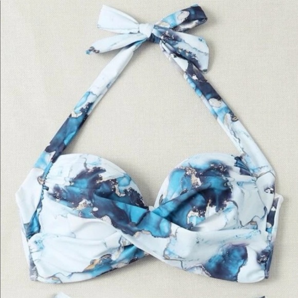 Boho Blue Pink White Tie Dye Marble Print High Waisted Twisted Halter Bikini Set - Picture 10 of 16